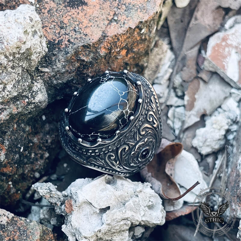 Cracked Black Turquoise Patterned Stainless Steel Ring