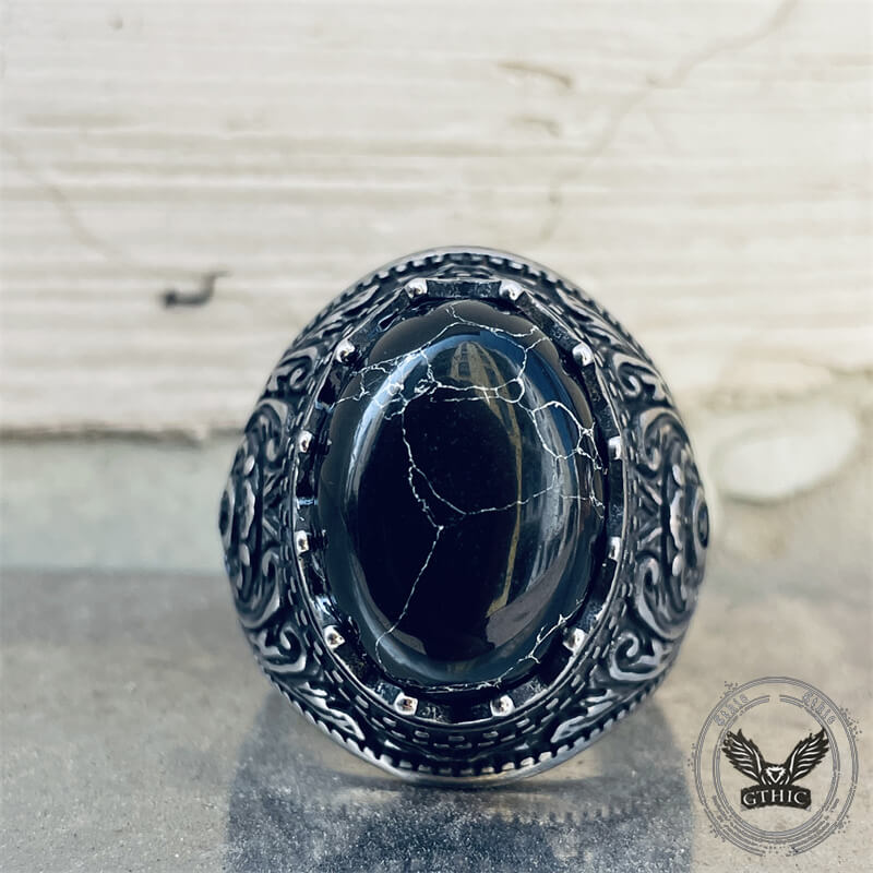 Cracked Black Turquoise Patterned Stainless Steel Ring