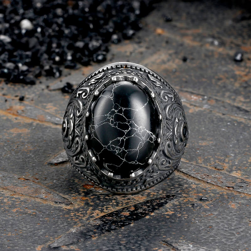 Cracked Black Turquoise Patterned Stainless Steel Ring | Gthic.com