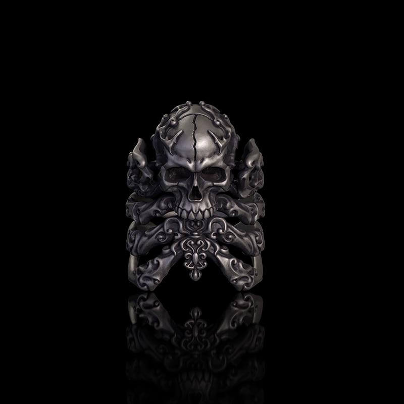 Cracked Skull Eight Tentacles Sterling Silver Gothic Ring 02 | Gthic.com