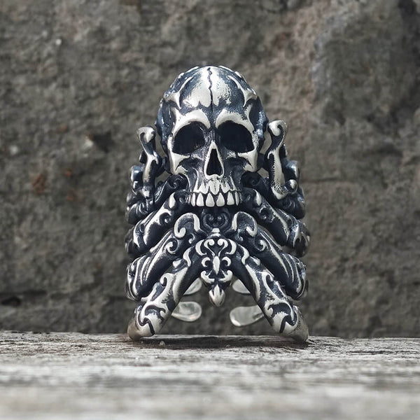 Cracked Skull Eight Tentacles Sterling Silver Gothic Ring