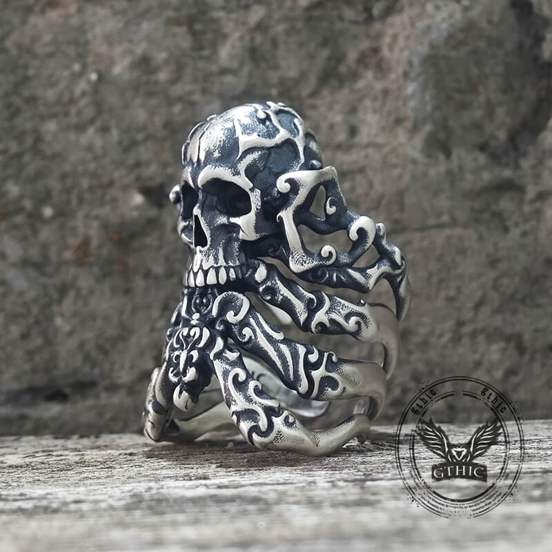 Cracked Skull Eight Tentacles Sterling Silver Gothic Ring