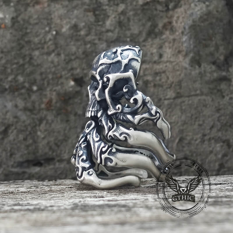 Cracked Skull Eight Tentacles Sterling Silver Gothic Ring