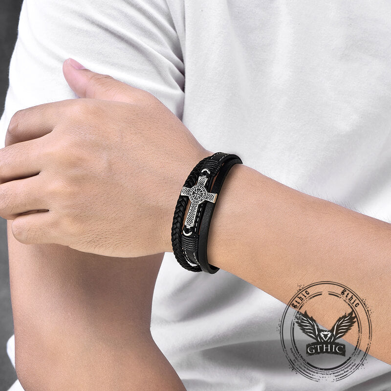 Creative Punk Cross Multi-Layer Braided Leather Bracelet | Gthic.com
