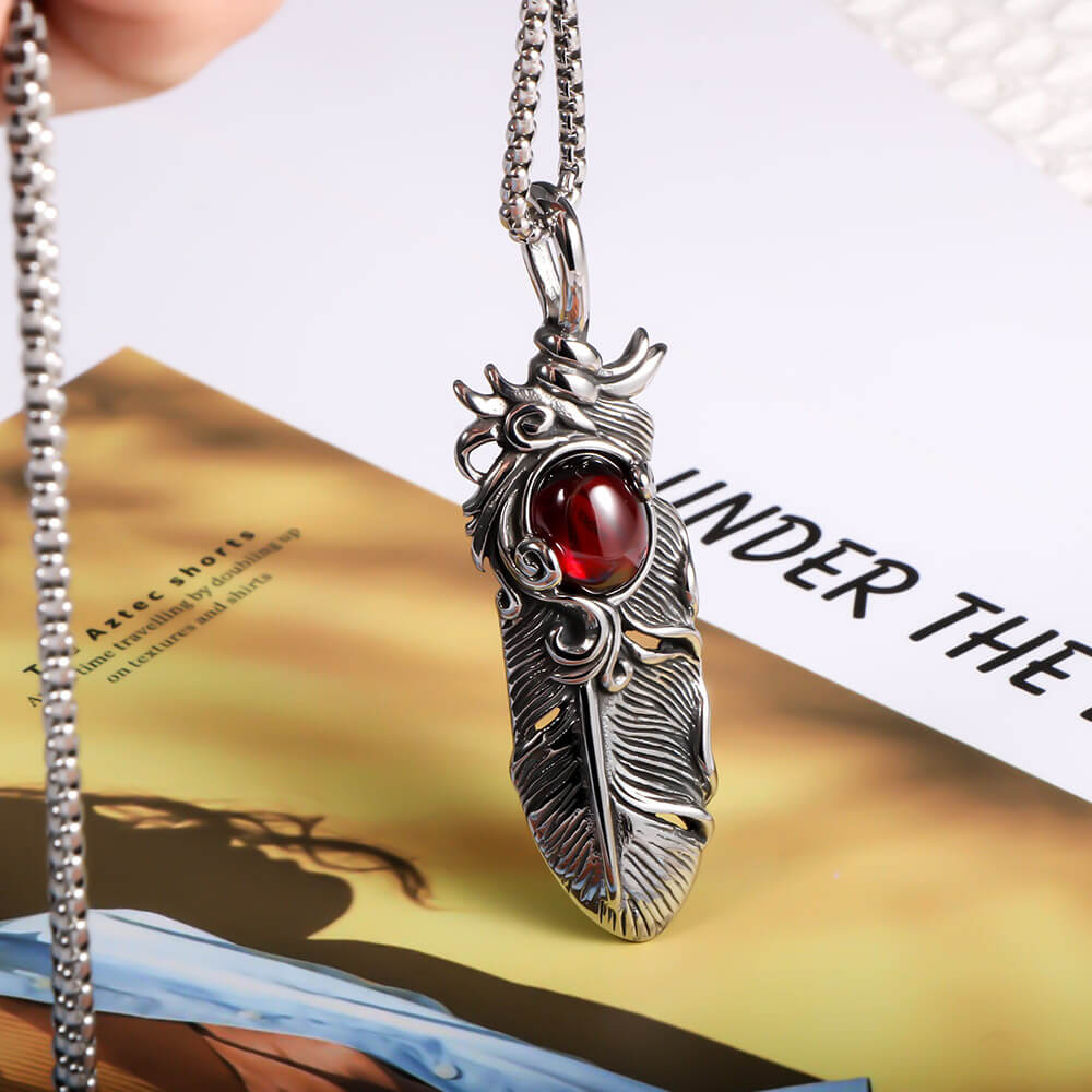 Creative Ruby Feather Stainless Steel Pendant Necklace 01 | Gthic.com