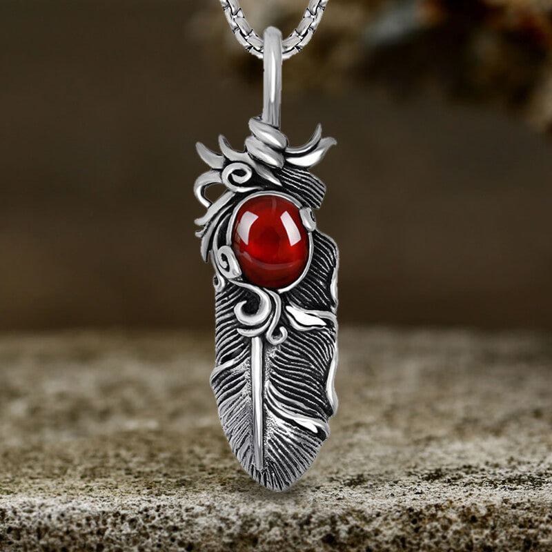 Creative Ruby Feather Stainless Steel Pendant Necklace 02 | Gthic.com