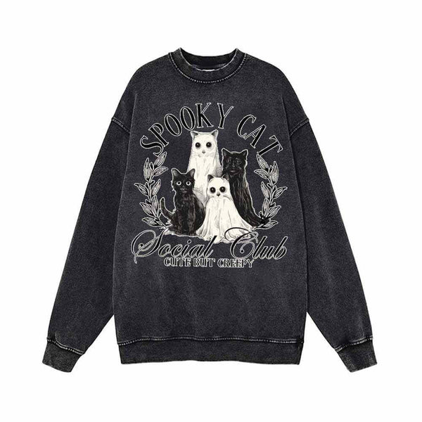 Creepy Spooky Cat Vintage Washed Hoodie Sweatshirt 02 | Gthic.com