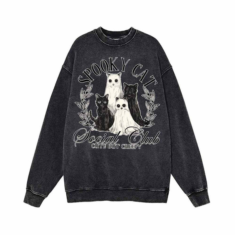 Creepy Spooky Cat Vintage Washed Hoodie Sweatshirt 02 | Gthic.com