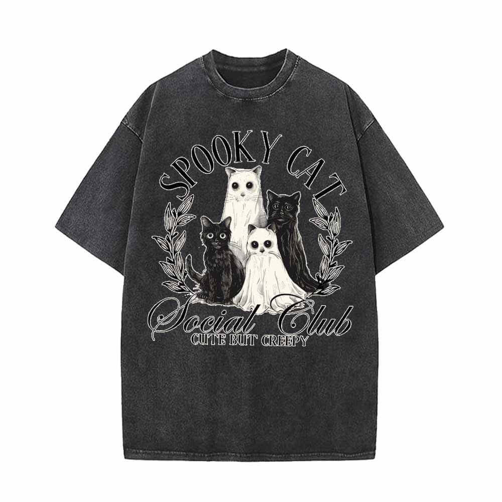 Creepy Spooky Cat Vintage Washed T-shirt 01 | Gthic.com