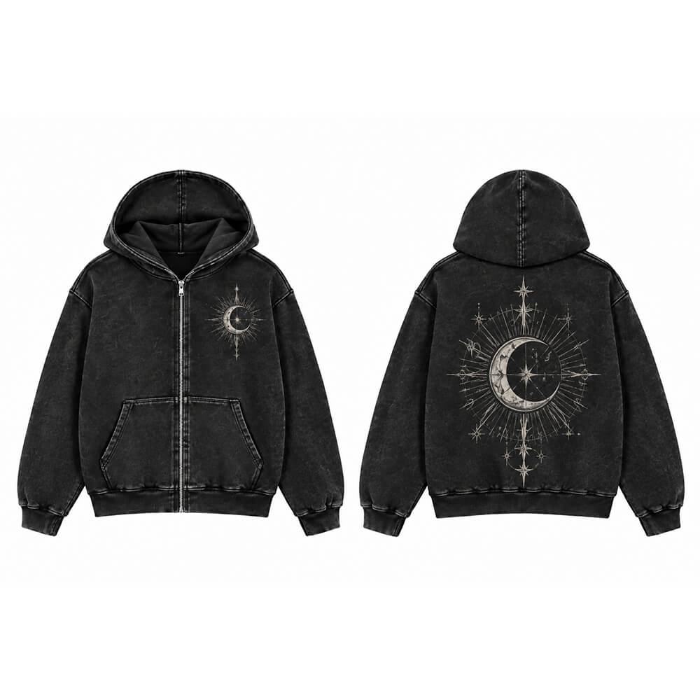 Crescent Moon Vintage Washed Zip-Up Hoodie | Gthic.com