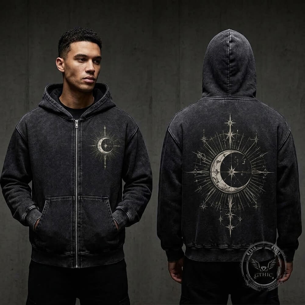 Crescent Moon Vintage Washed Zip-Up Hoodie | Gthic.com
