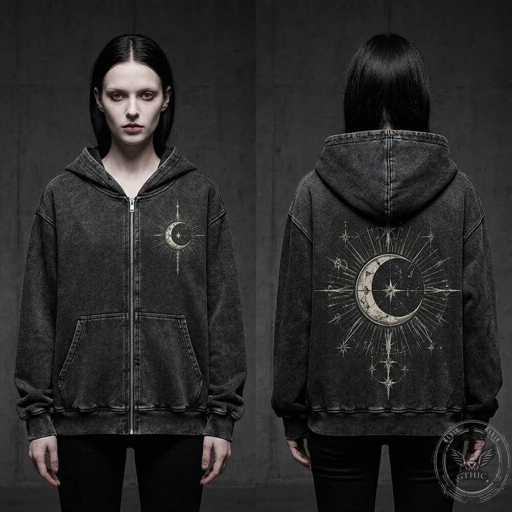 Crescent Moon Vintage Washed Zip-Up Hoodie | Gthic.com