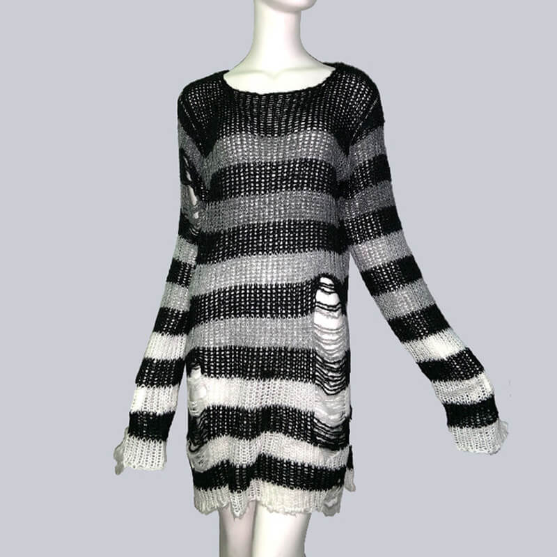 Jersey largo de punto de lana a rayas con cuello redondo