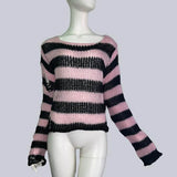 Crew Neck Striped Wool Knitted Long Sweater