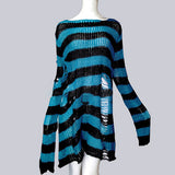 Crew Neck Striped Wool Knitted Long Sweater | Gthic.com