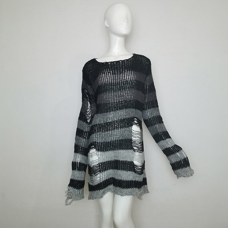 Crew Neck Striped Wool Knitted Long Sweater
