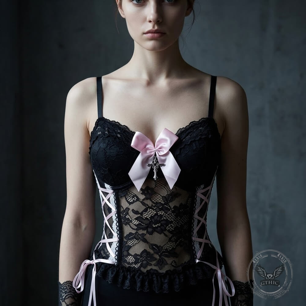 Criss Cross Lacing Bow Detail Sheer Lace Cropped Corset | Gthic.com