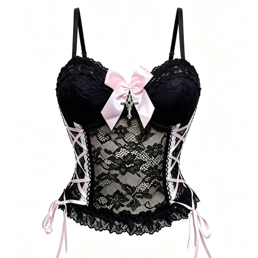 Criss Cross Lacing Bow Detail Sheer Lace Cropped Corset