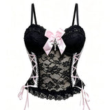 Criss Cross Lacing Bow Detail Sheer Lace Cropped Corset