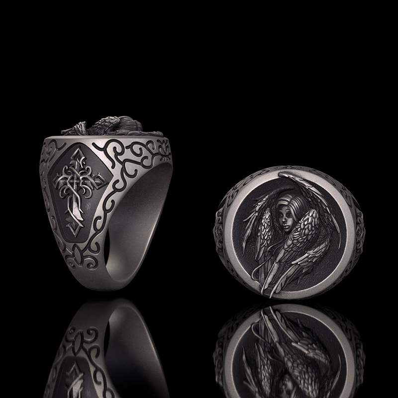 Cross Archangel Guardian Sterling Silver Ring | Gthic.com