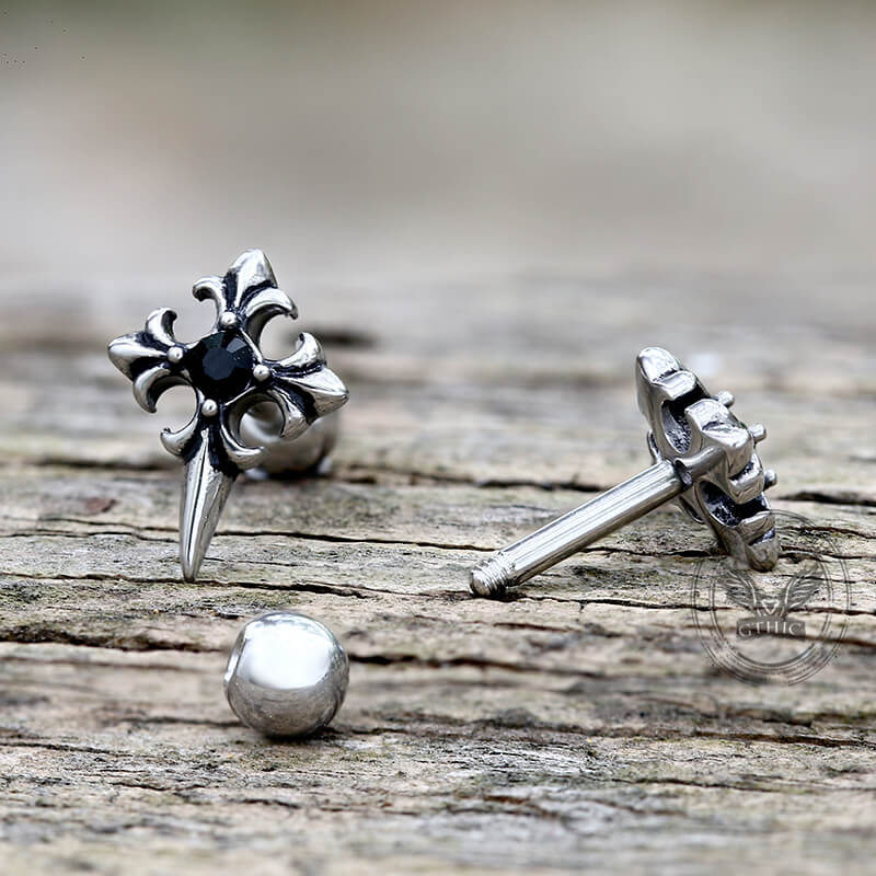 Cross Inlaid Black Stone Stainless Steel Earrings | Gthic.com
