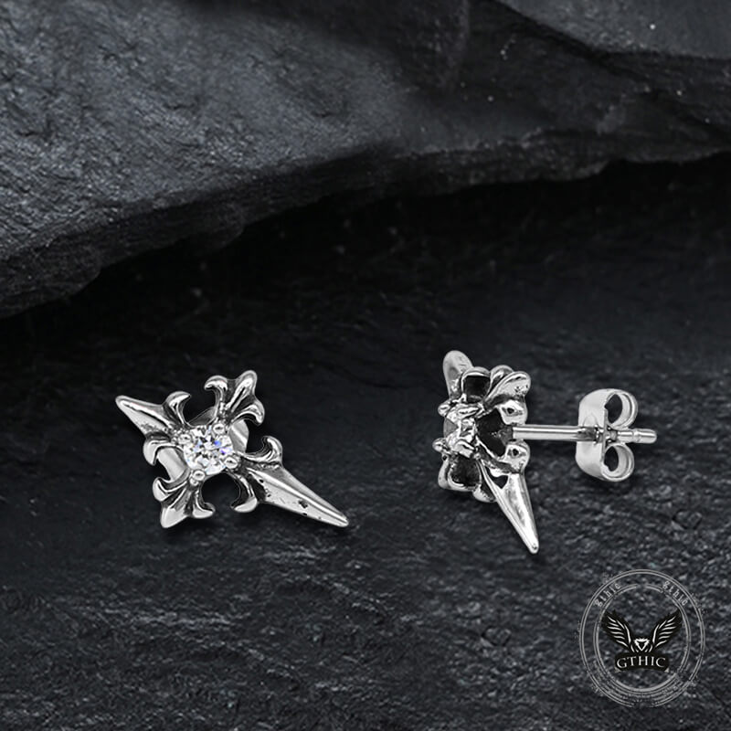 Cross Inlaid Black Stone Stainless Steel Earrings 01 | Gthic.com