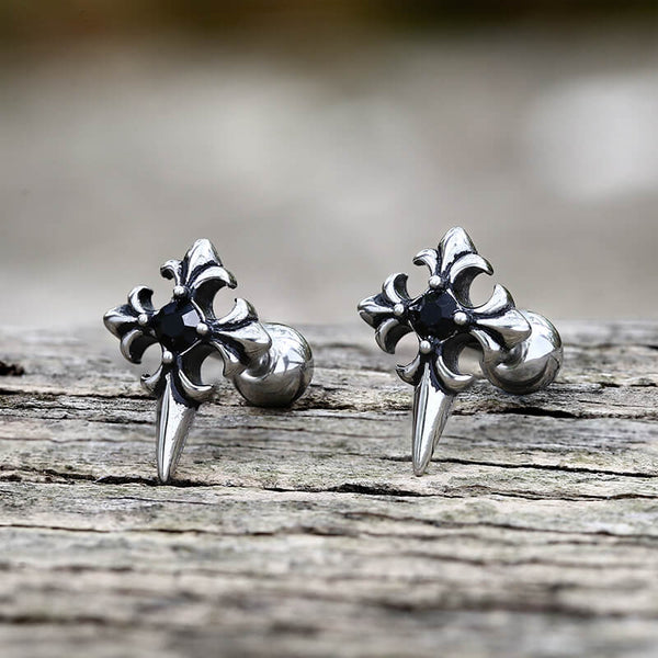 Cross Inlaid Black Stone Stainless Steel Earrings | Gthic.com