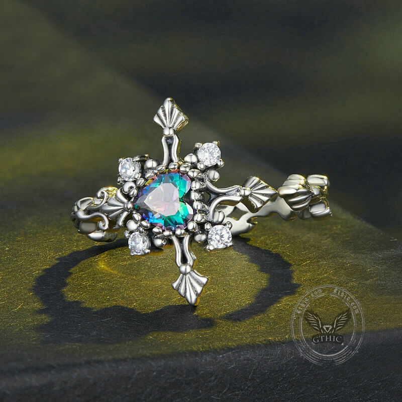 Cross Inlaid Heart-shaped Zircon Sterling Silver Open Ring | Gthic.com