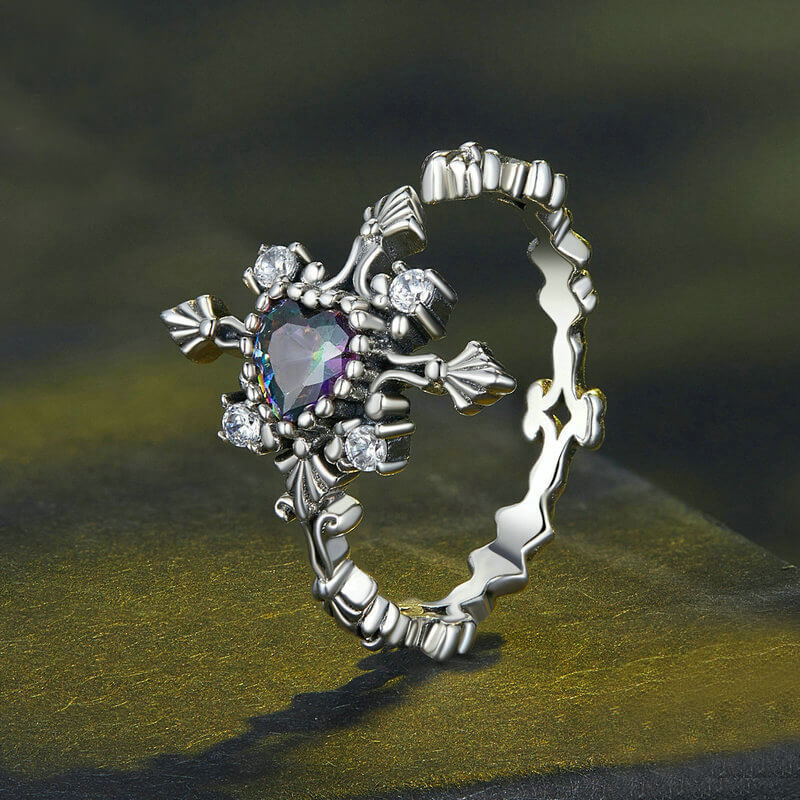 Cross Inlaid Heart-shaped Zircon Sterling Silver Open Ring | Gthic.com
