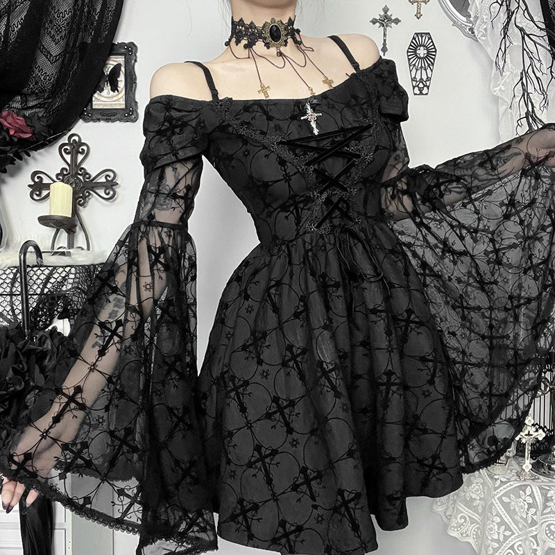 Cross Lace Polyester Gothic Mini Dress