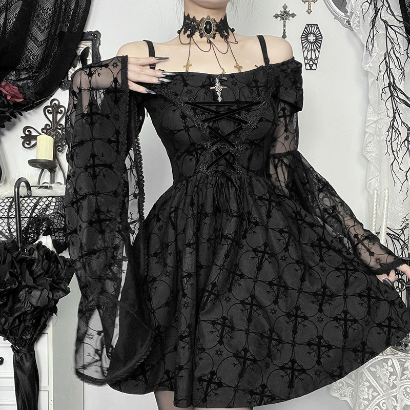 Cross Lace Polyester Gothic Mini Dress