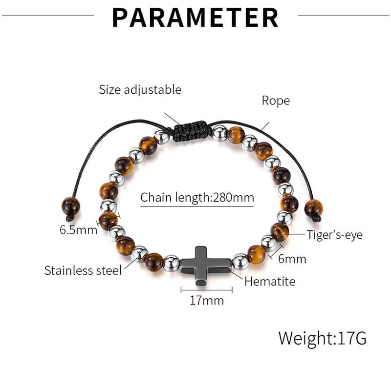 Cross Natural Tiger's-eye Beads Hematite Stainless Steel Bracelet | Gthic.com