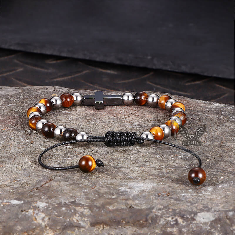 Cross Natural Tiger's-eye Beads Hematite Stainless Steel Bracelet