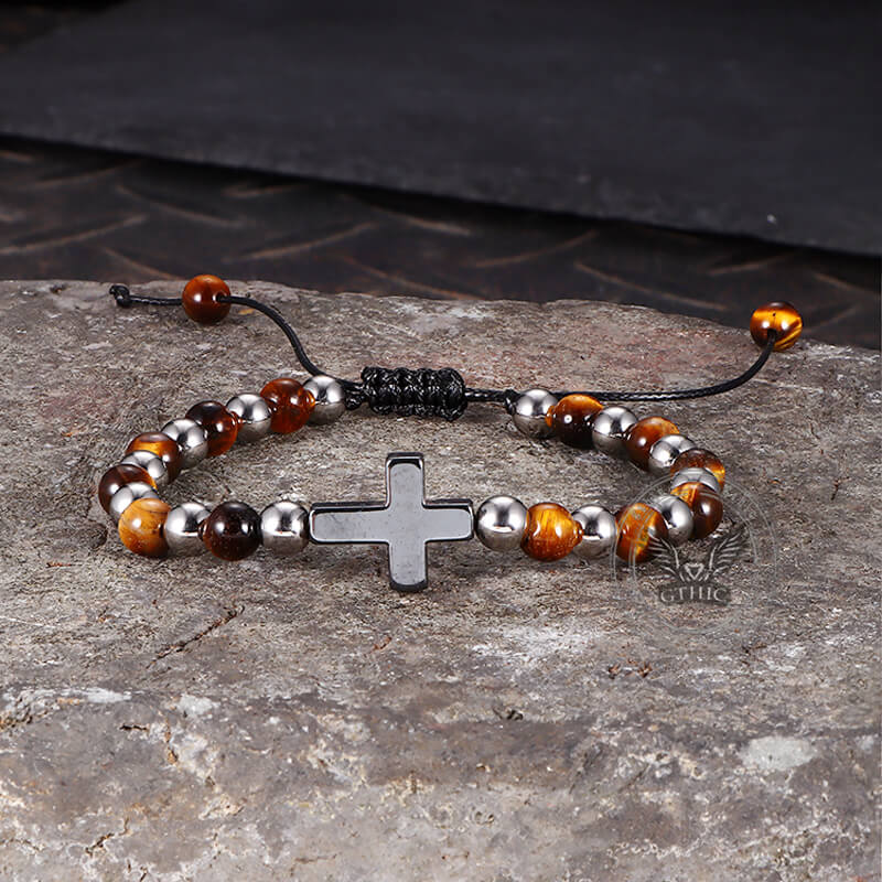 Cross Natural Tiger's-eye Beads Hematite Stainless Steel Bracelet