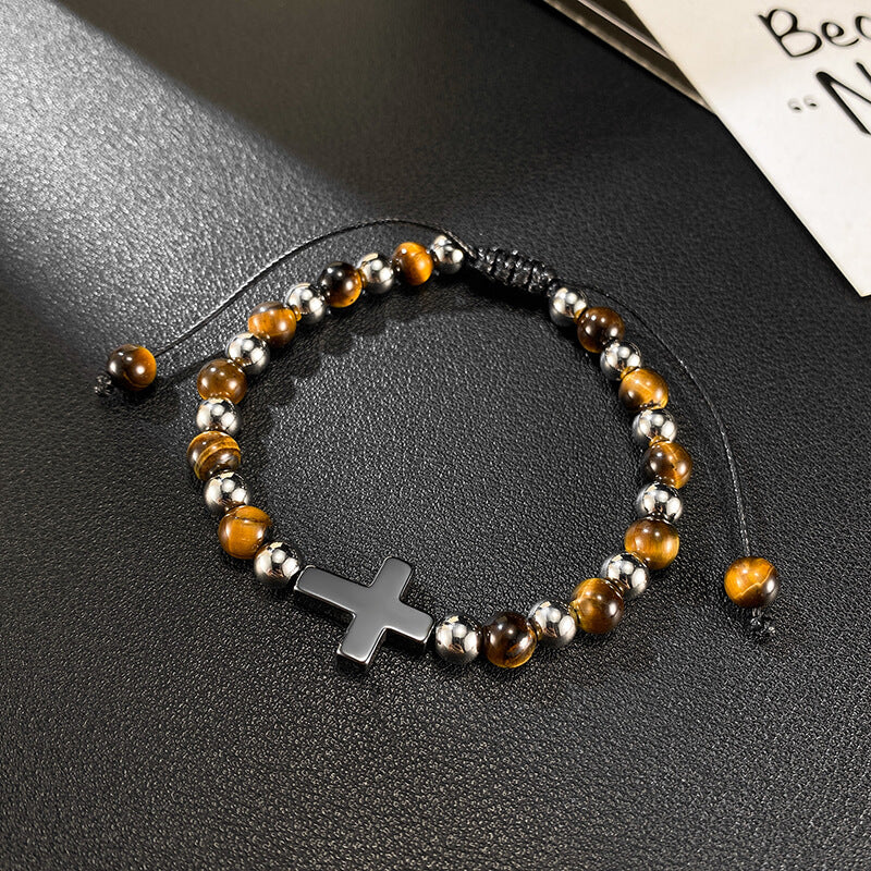 Cross Natural Tiger's-eye Beads Hematite Stainless Steel Bracelet | Gthic.com
