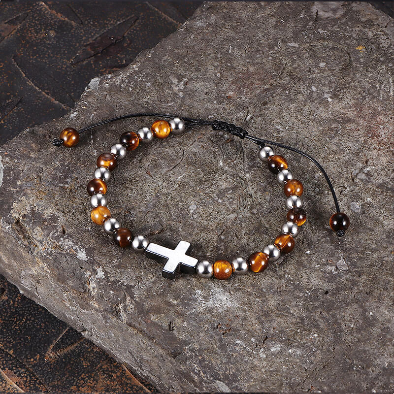 Cross Natural Tiger's-eye Beads Hematite Stainless Steel Bracelet | Gthic.com