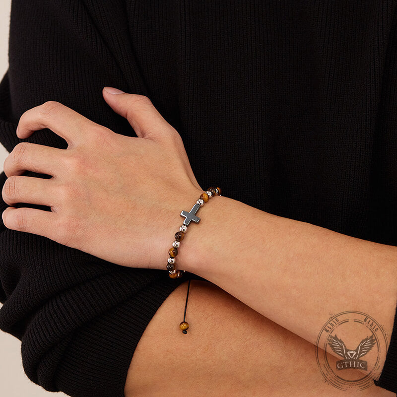 Cross Natural Tiger's-eye Beads Hematite Stainless Steel Bracelet | Gthic.com