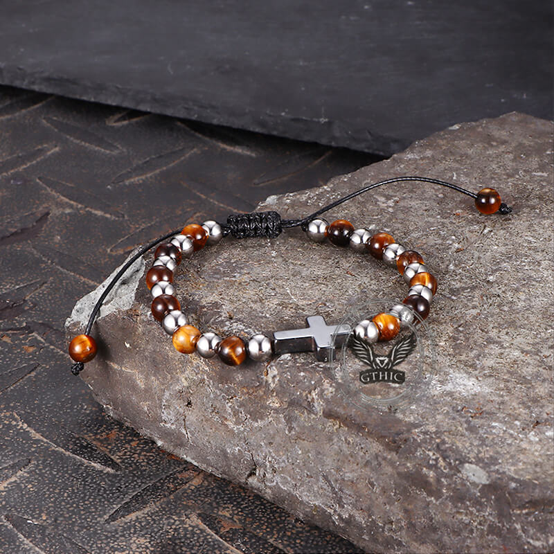Cross Natural Tiger's-eye Beads Hematite Stainless Steel Bracelet