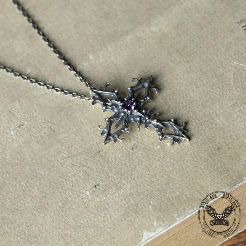 Cross Purple Zircon Sterling Silver Gothic Pendant | Gthic.com