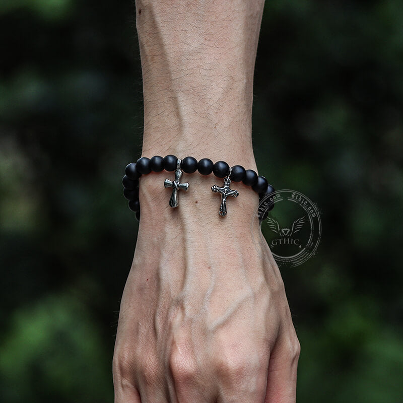 Cross Religious Agate Stone Bead Bracelet