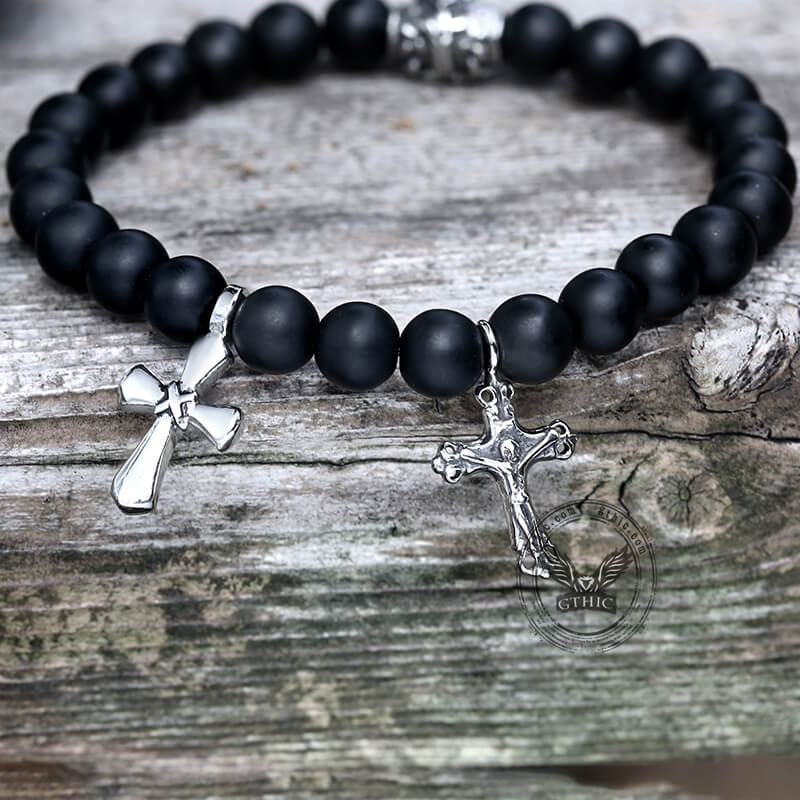 Cross Religious Agate Stone Bead Bracelet | Gthic.com