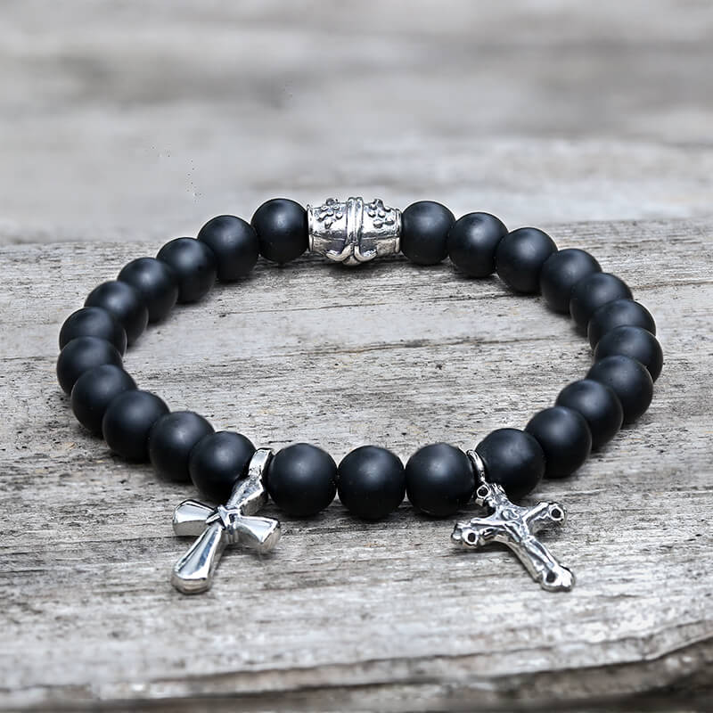 Cross Religious Agate Stone Bead Bracelet | Gthic.com
