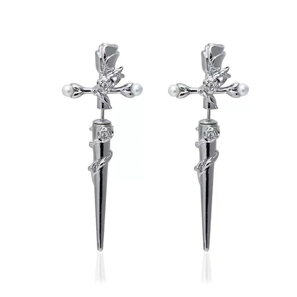 Cross Rose Copper Silver Plated Earrings | Gthic.com