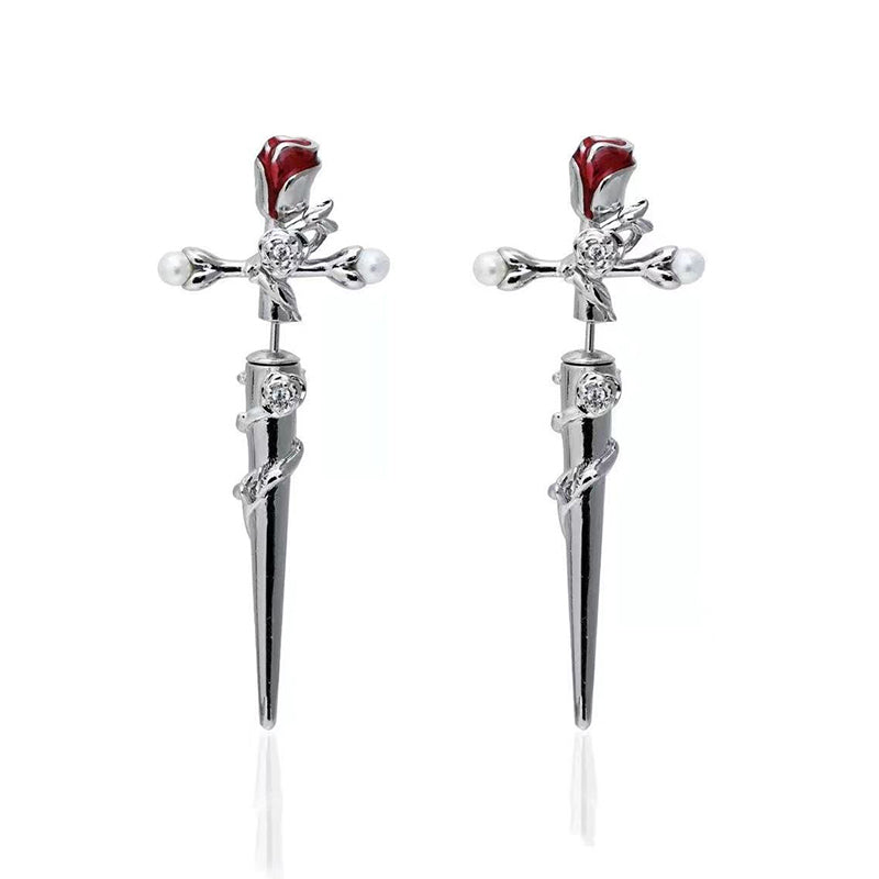 Cross Rose Copper Silver Plated Earrings | Gthic.com