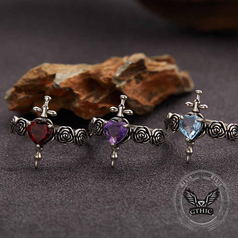 Cross Rose Heart Shape Crystal Sterling Silver Ring 01 | Gthic.com