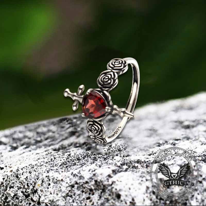Cross Rose Heart Shape Crystal Sterling Silver Ring 03 | Gthic.com