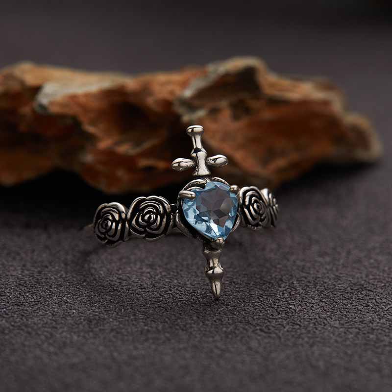 Cross Rose Heart Shape Crystal Sterling Silver Ring