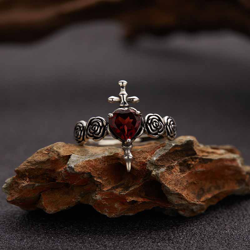 Cross Rose Heart Shape Crystal Sterling Silver Ring