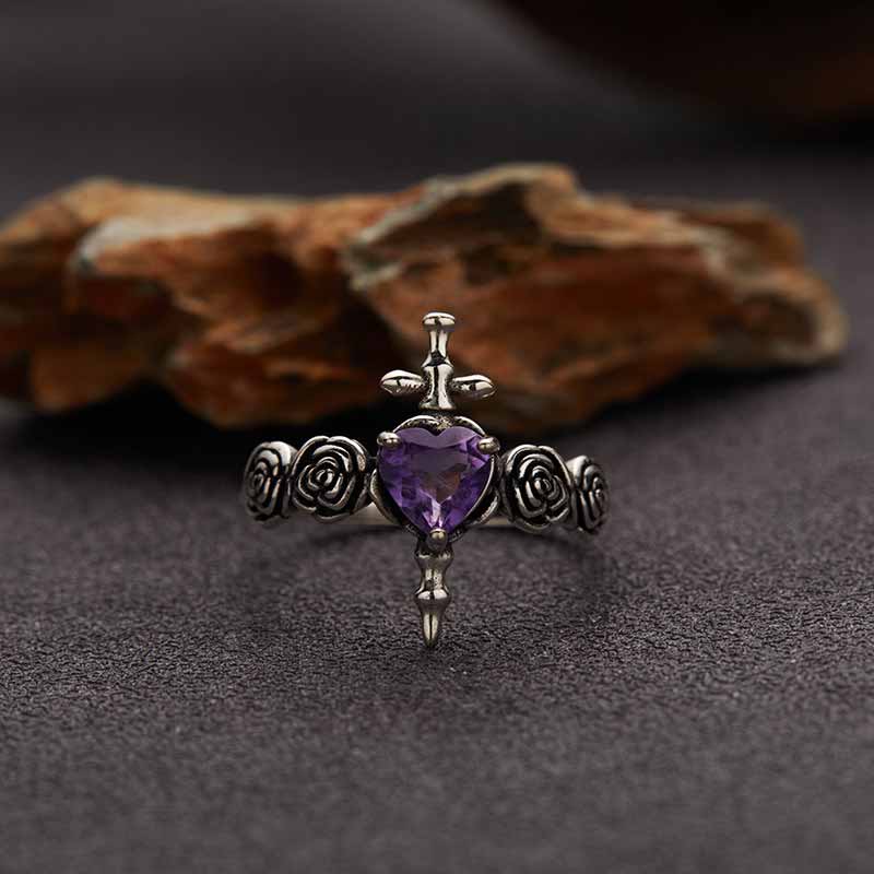 Cross Rose Heart Shape Crystal Sterling Silver Ring