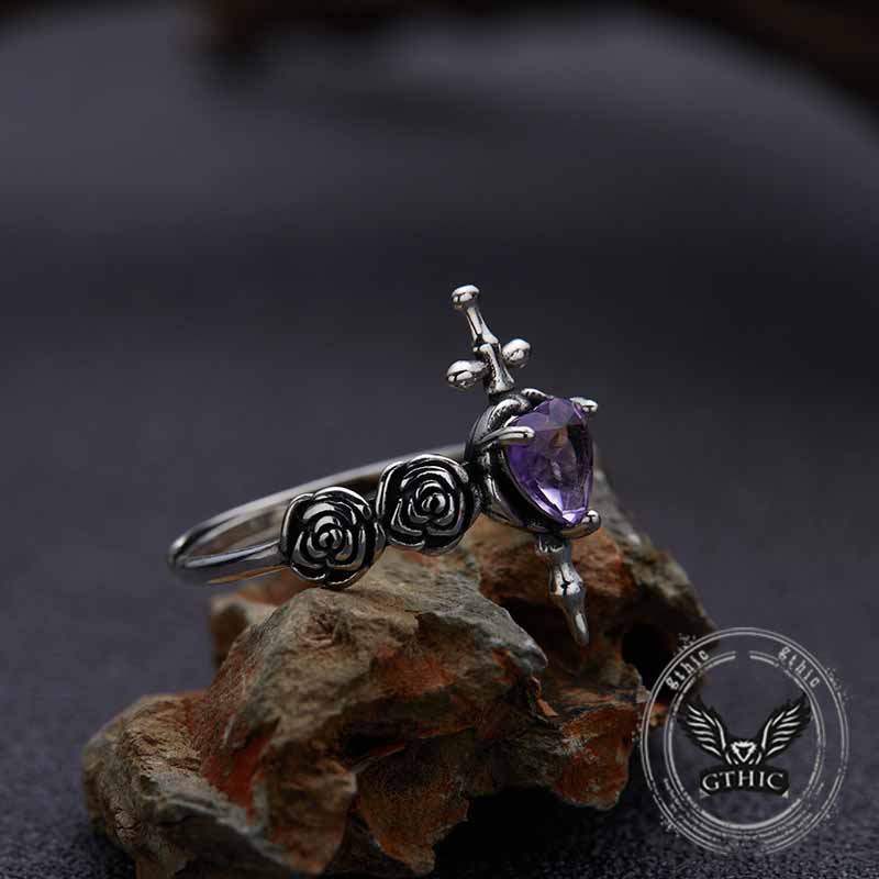 Cross Rose Heart Shape Crystal Sterling Silver Ring